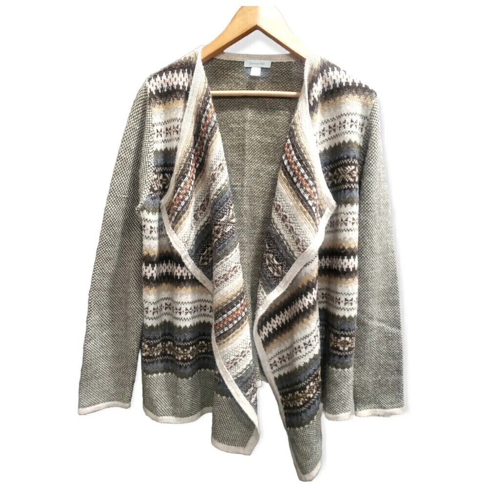 Garnet Hill Alpaca Wool Fair Isle Cardigan Gray Waterfall Open Knit Size Medium